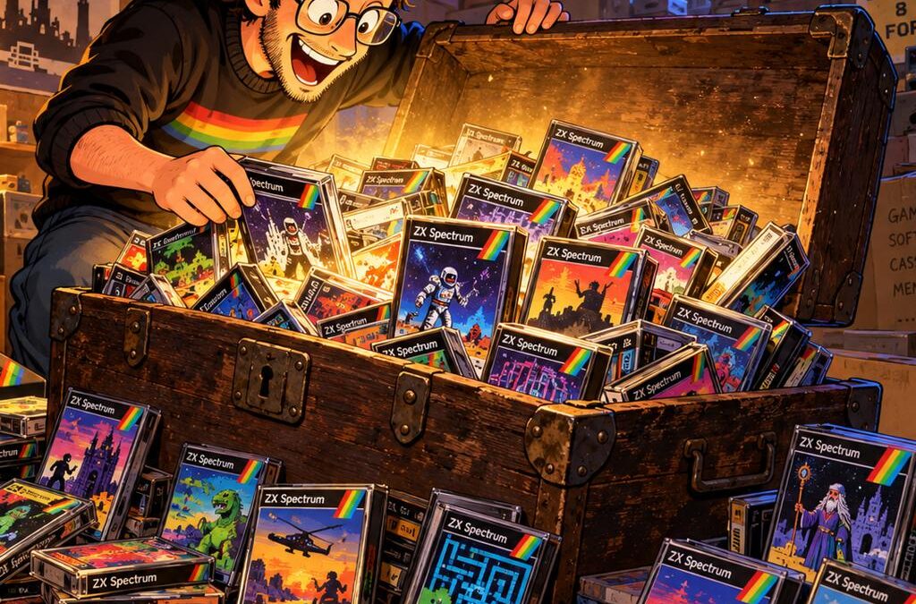 Retro gamer opening a treasure chest filled with ZX Spectrum game cassettes