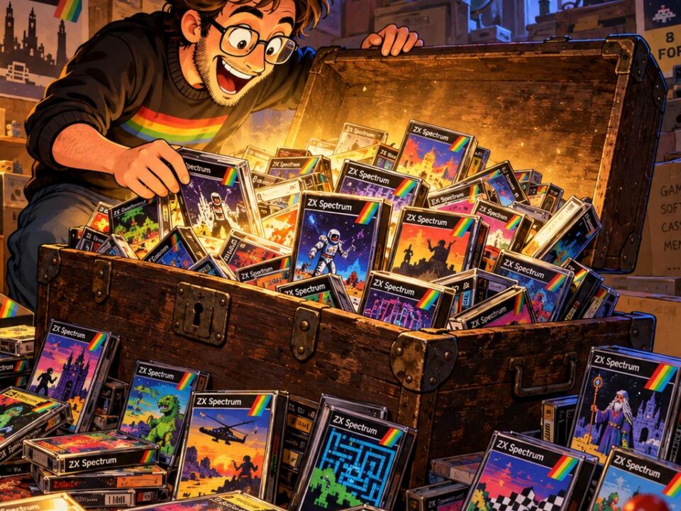 Retro gamer opening a treasure chest filled with ZX Spectrum game cassettes
